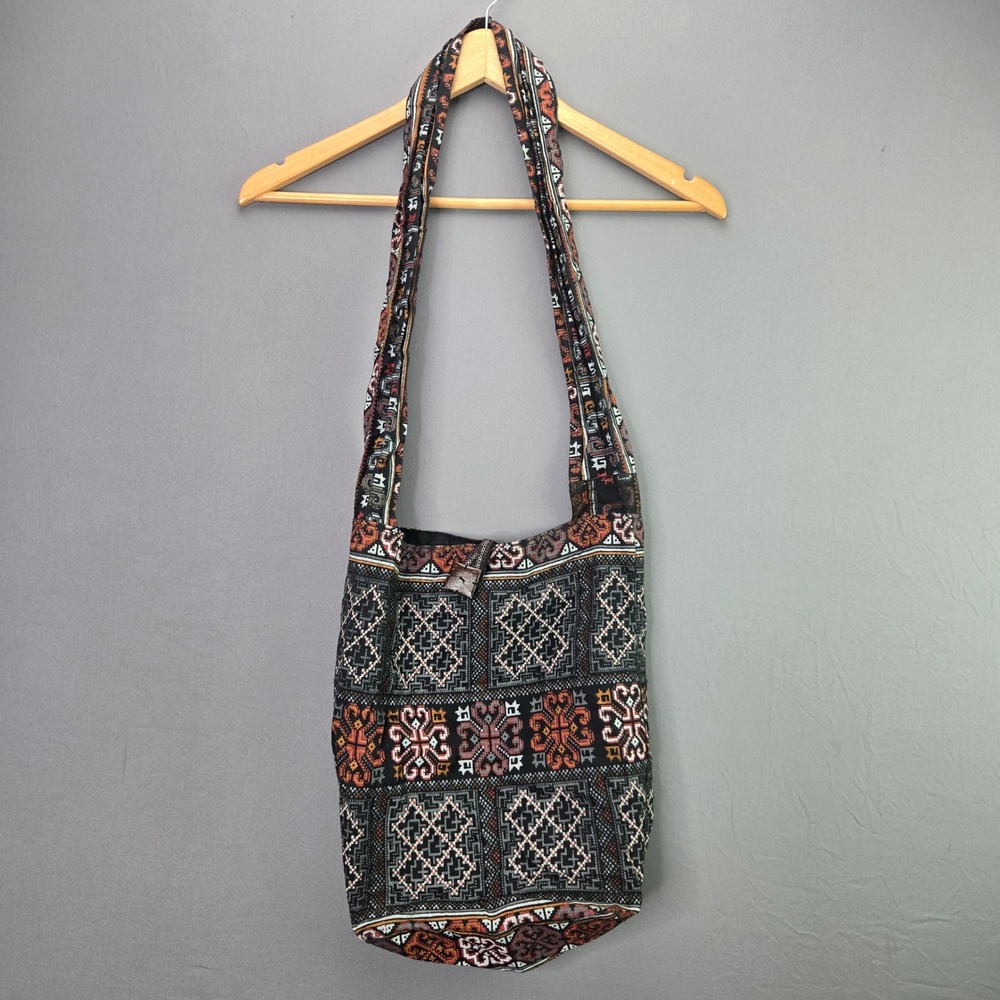 Unbranded Woven Hobo Bag Tribal Geometric Crossbody Messenger Black Orange 3675